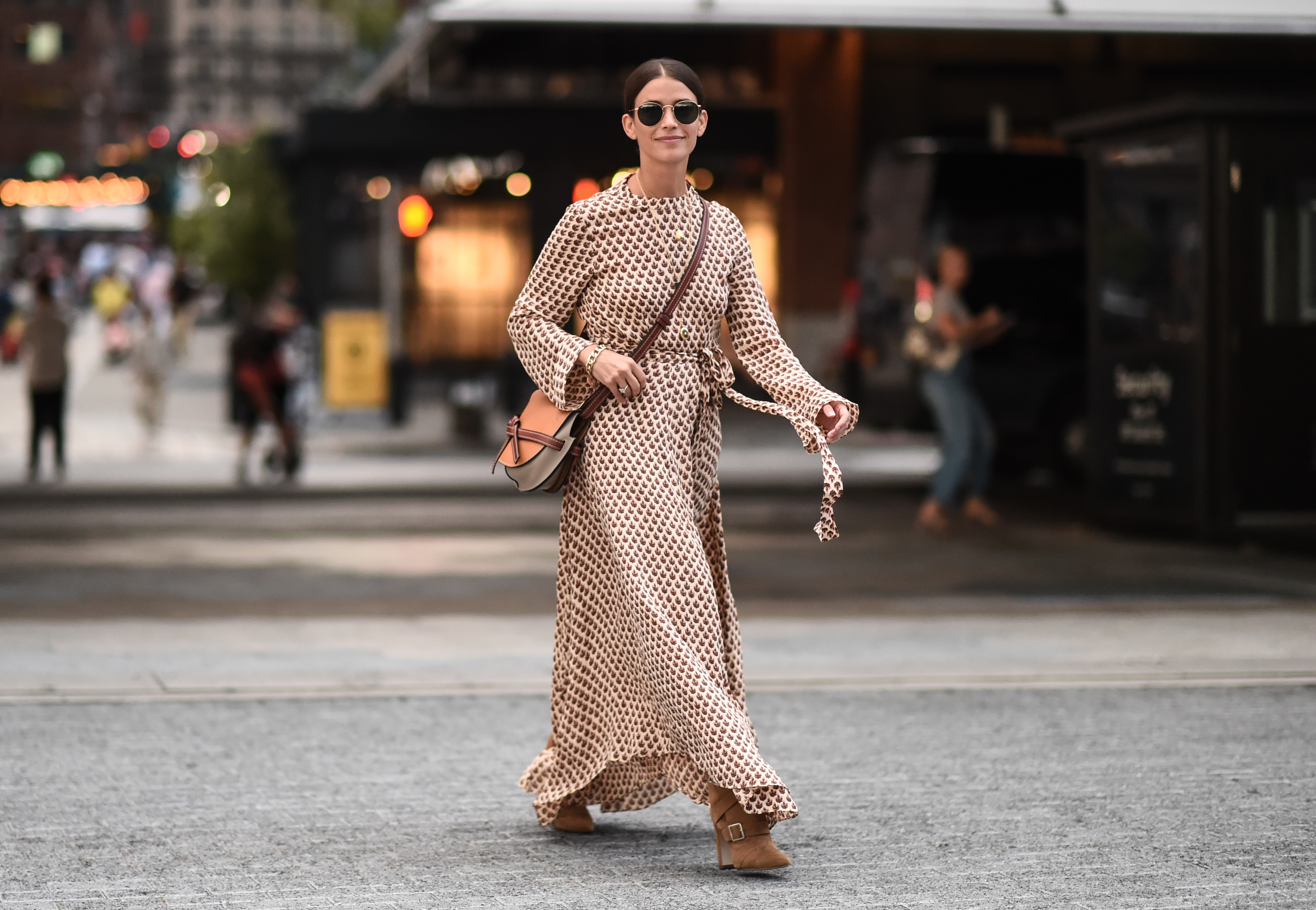 A guest is seen wearing a Jason Wu dress outside the Jason Wu show during New York Fashion Week S/S20 on September 08, 2019 in New York City.
