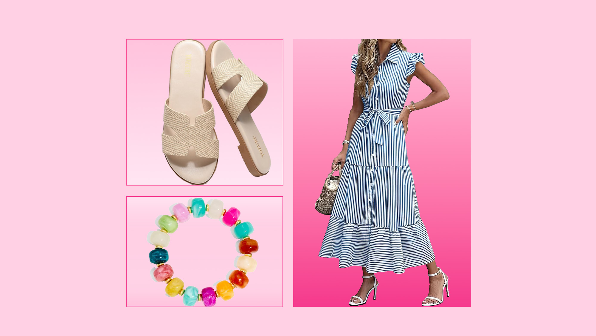 Beige sandals, colorful bracelet and striped dress