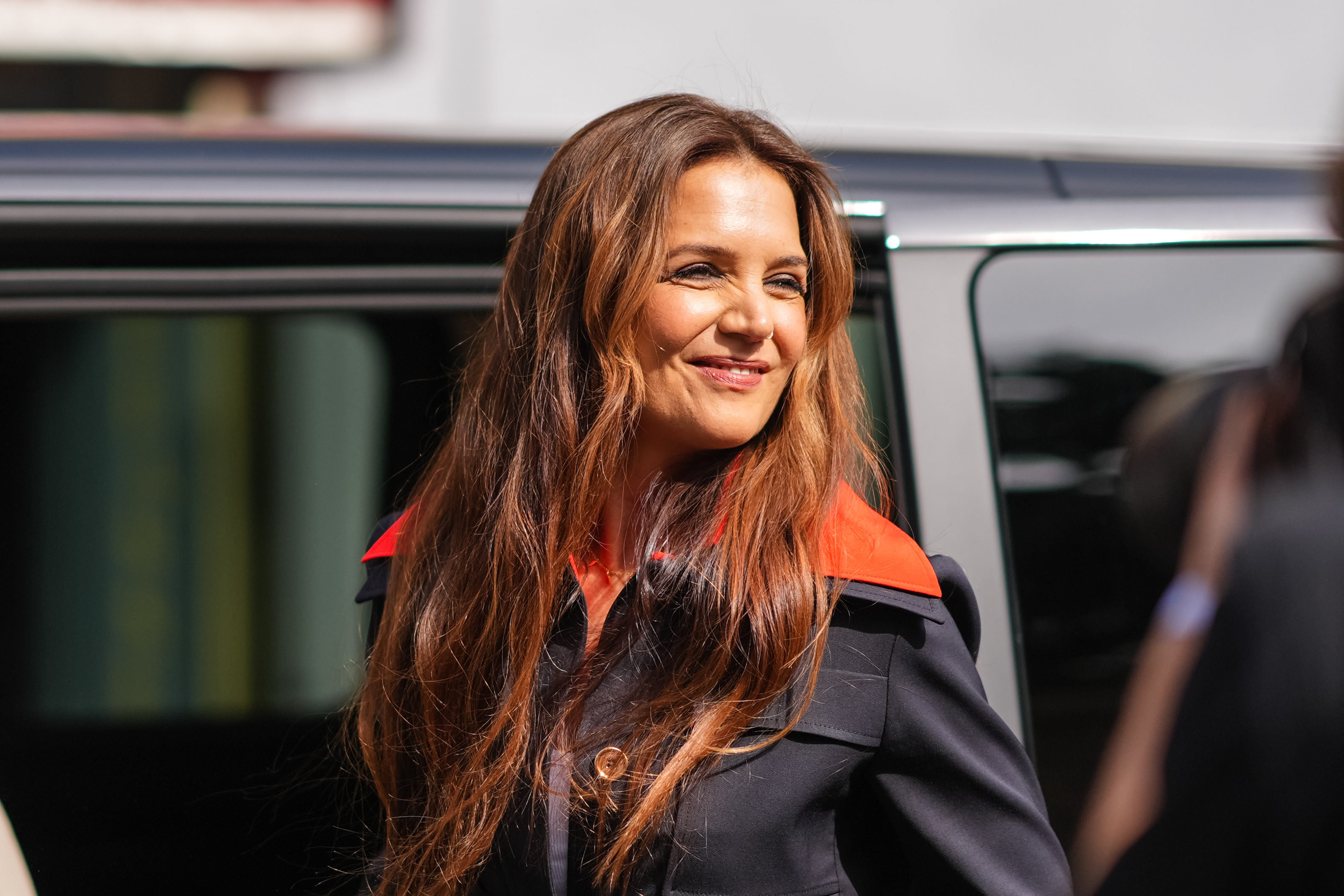 PARIS, FRANCE - JUNE 27: Katie Holmes is seen, outside Patou, during the Haute Couture Fall/Winter 2024/25 as part of Paris Fashion Week on June 27, 2024 in Paris, France. (Photo by Edward Berthelot/Getty Images)
