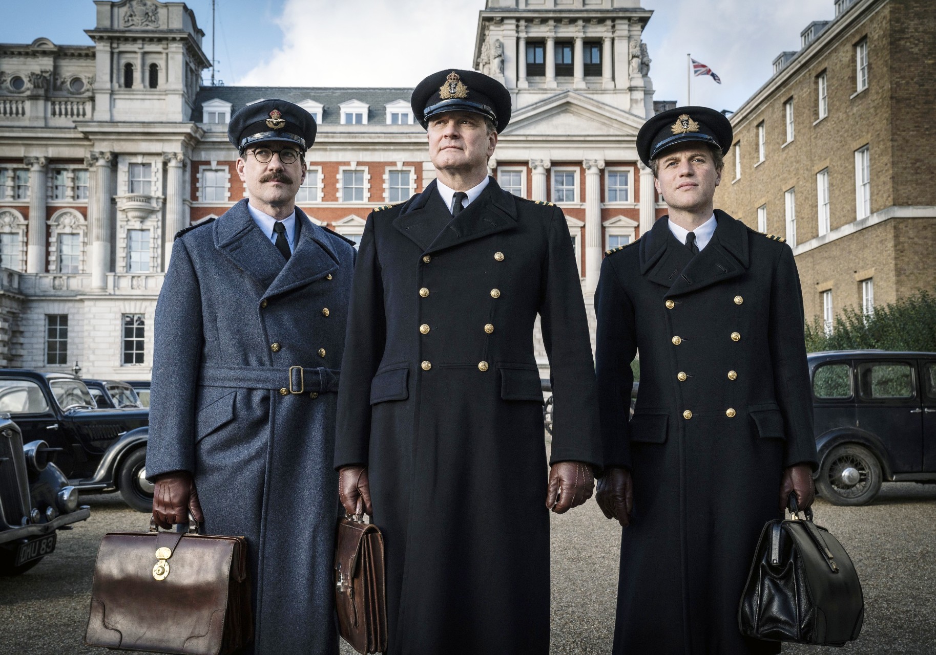 Matthew Macfadyen as Charles Cholmondeley, Colin Firth as Ewen Montagu, Johnny Flynn as Ian Fleming in Operation Mincemeat