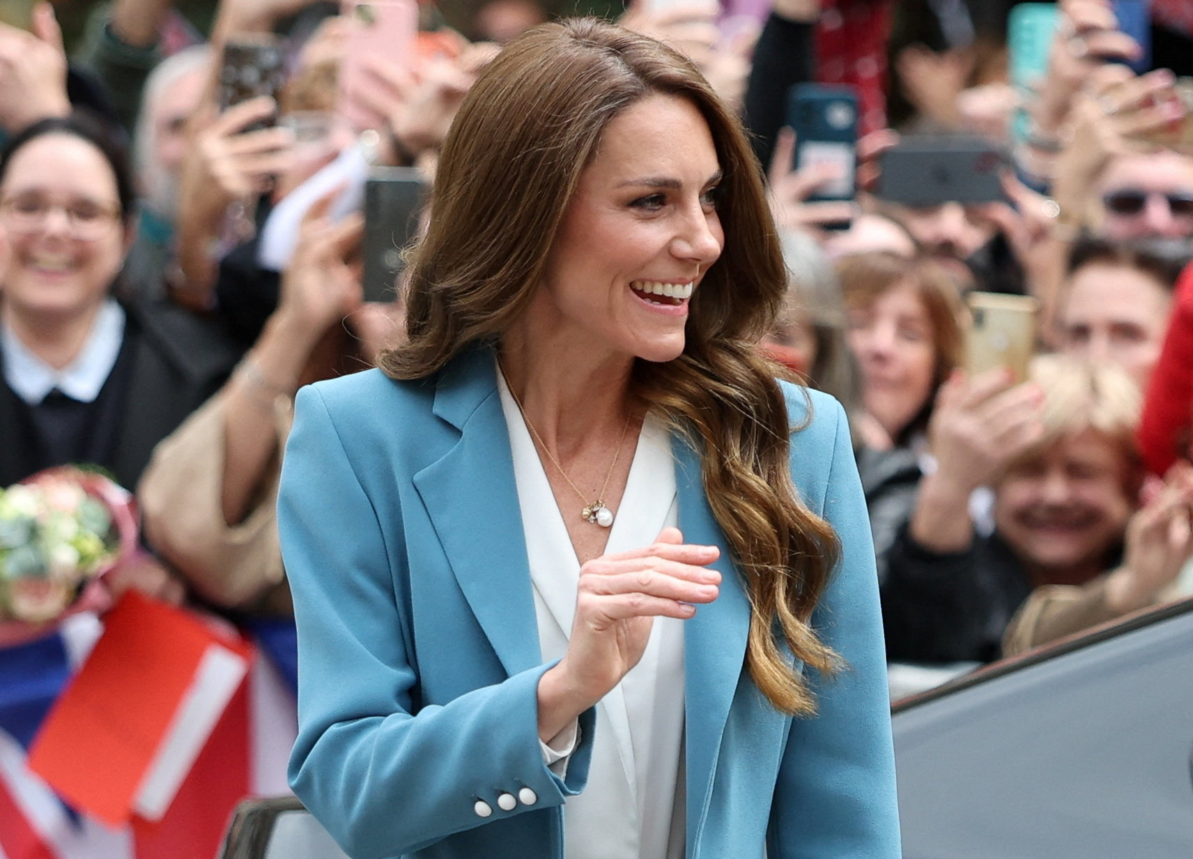 Catherine, Princess of Wales, gestures as she arrives at the city hall on the first day of her visit to Reggio Emilia on May 13, 2026 in Reggio Emilia, Italy. The Princess of Wales is visiting the city in Northern Italy as The Royal Foundation Centre for Early Childhood expands internationally. During her visit, she will explore leading approaches to early child development, which focusses on creativity, relationships and hands-on discovery. The trip marks the future queen's first overseas royal visit since her cancer treatment.
