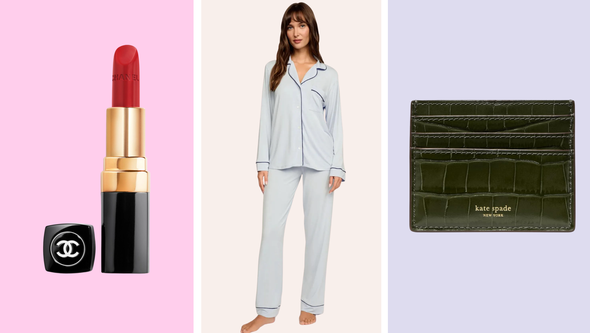Chanel Lipstick, blue Eberjay pajamas and a green Kate Spade card holder